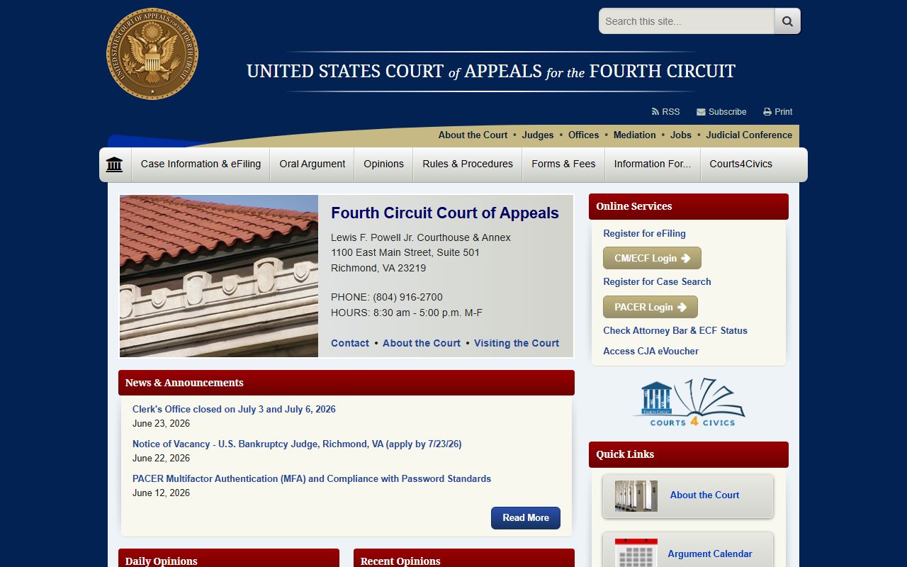 Baltimore City court dockets Fourth Circuit appeal access