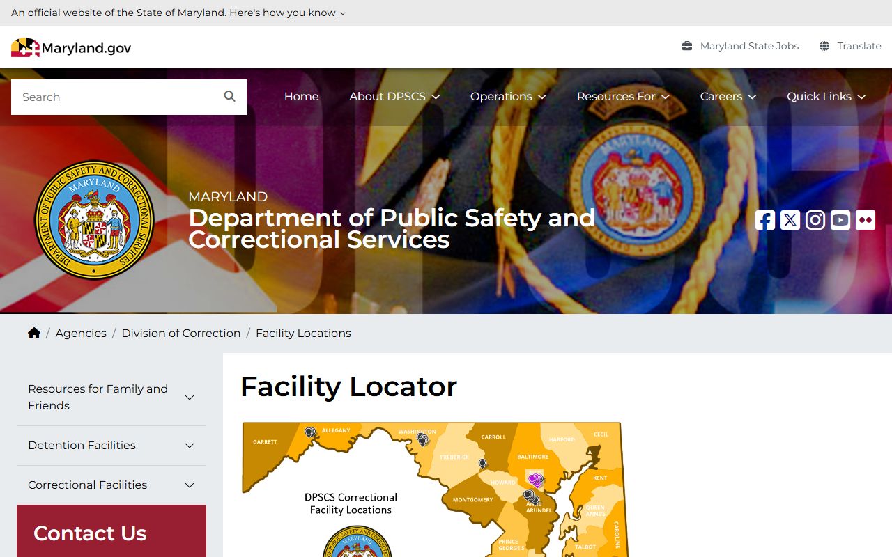 DPSCS facility locator for Maryland detention and correctional facilities