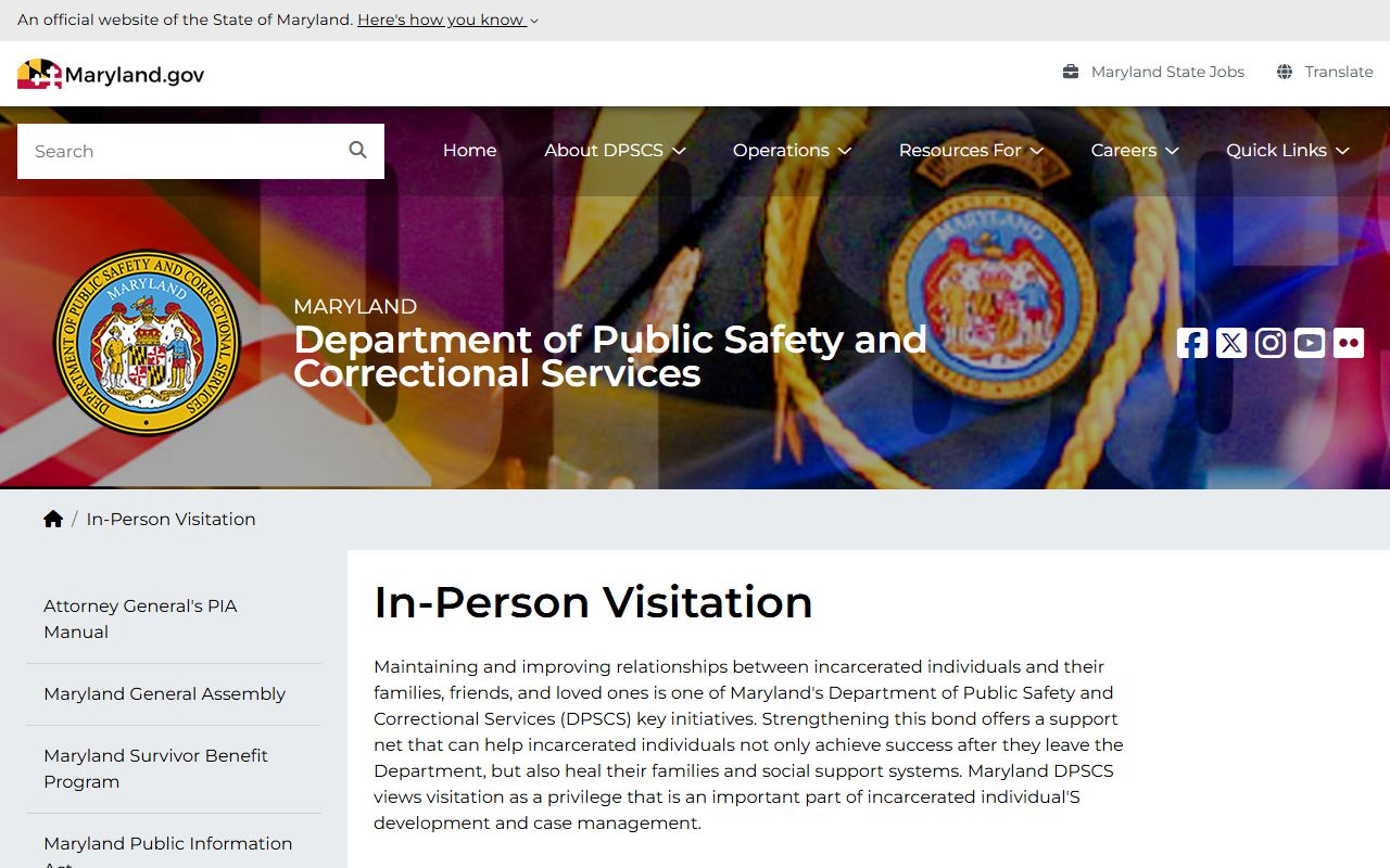 DPSCS visitation information for Maryland correctional facilities