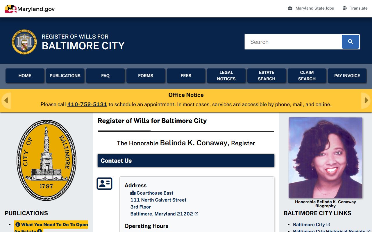 Baltimore City probate records Register of Wills office page