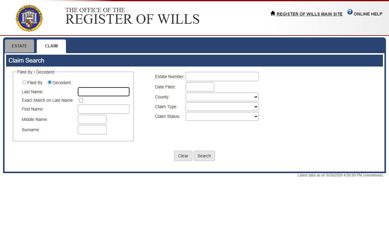 Baltimore City probate records Register of Wills claim search