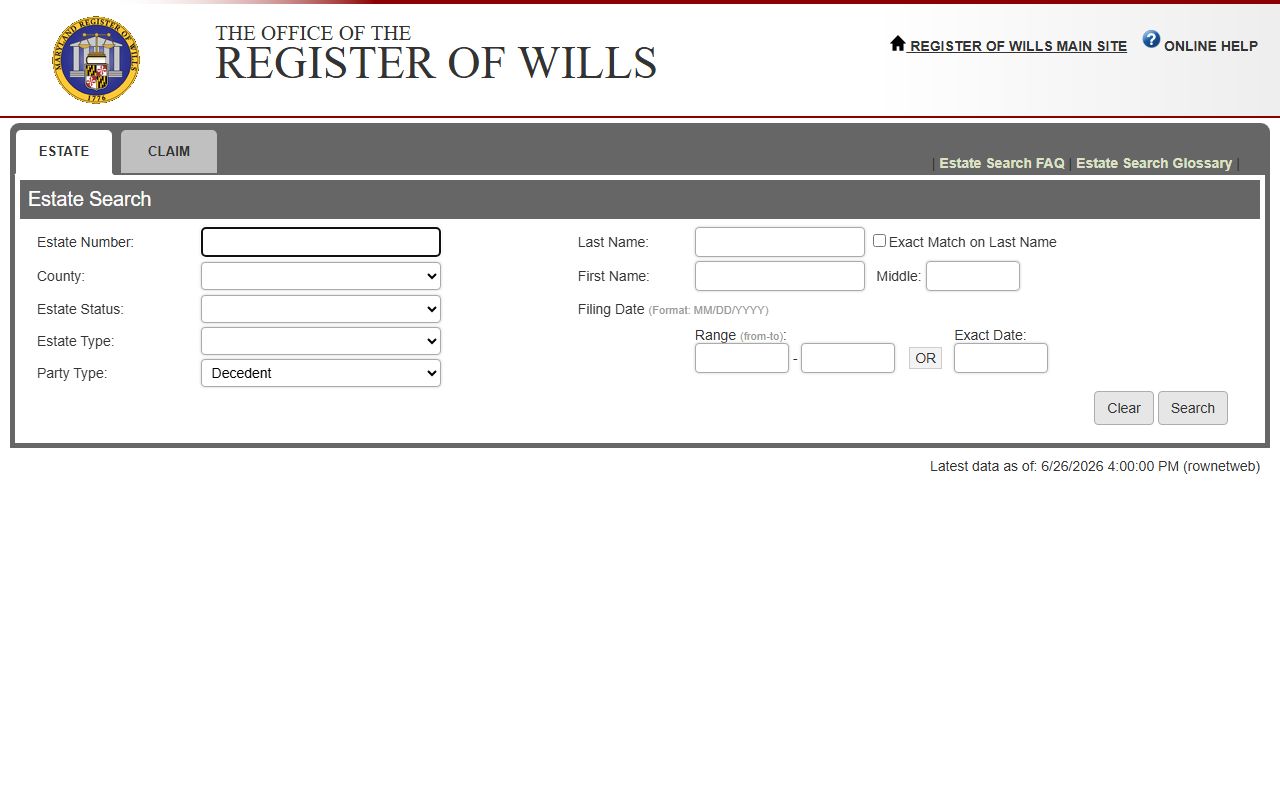 Baltimore City probate records Register of Wills estate search