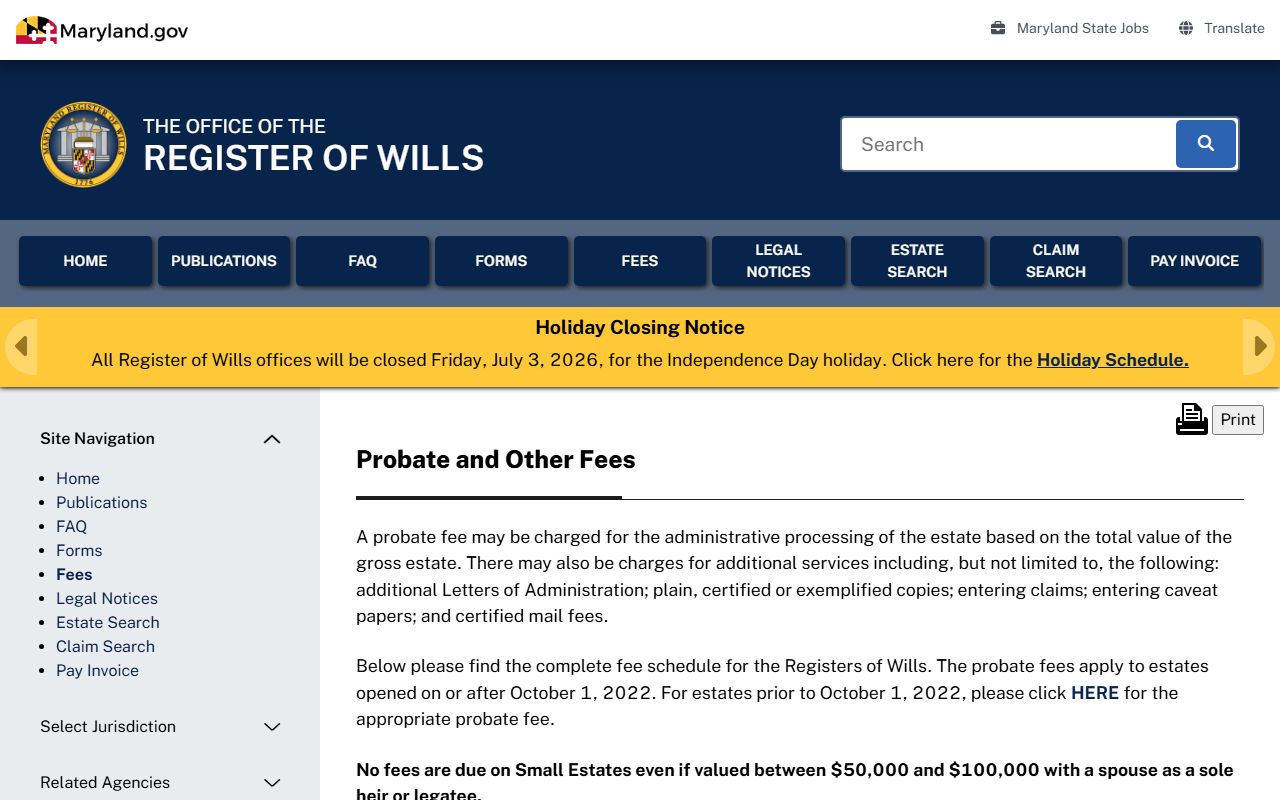 Baltimore City probate records Register of Wills fee schedule