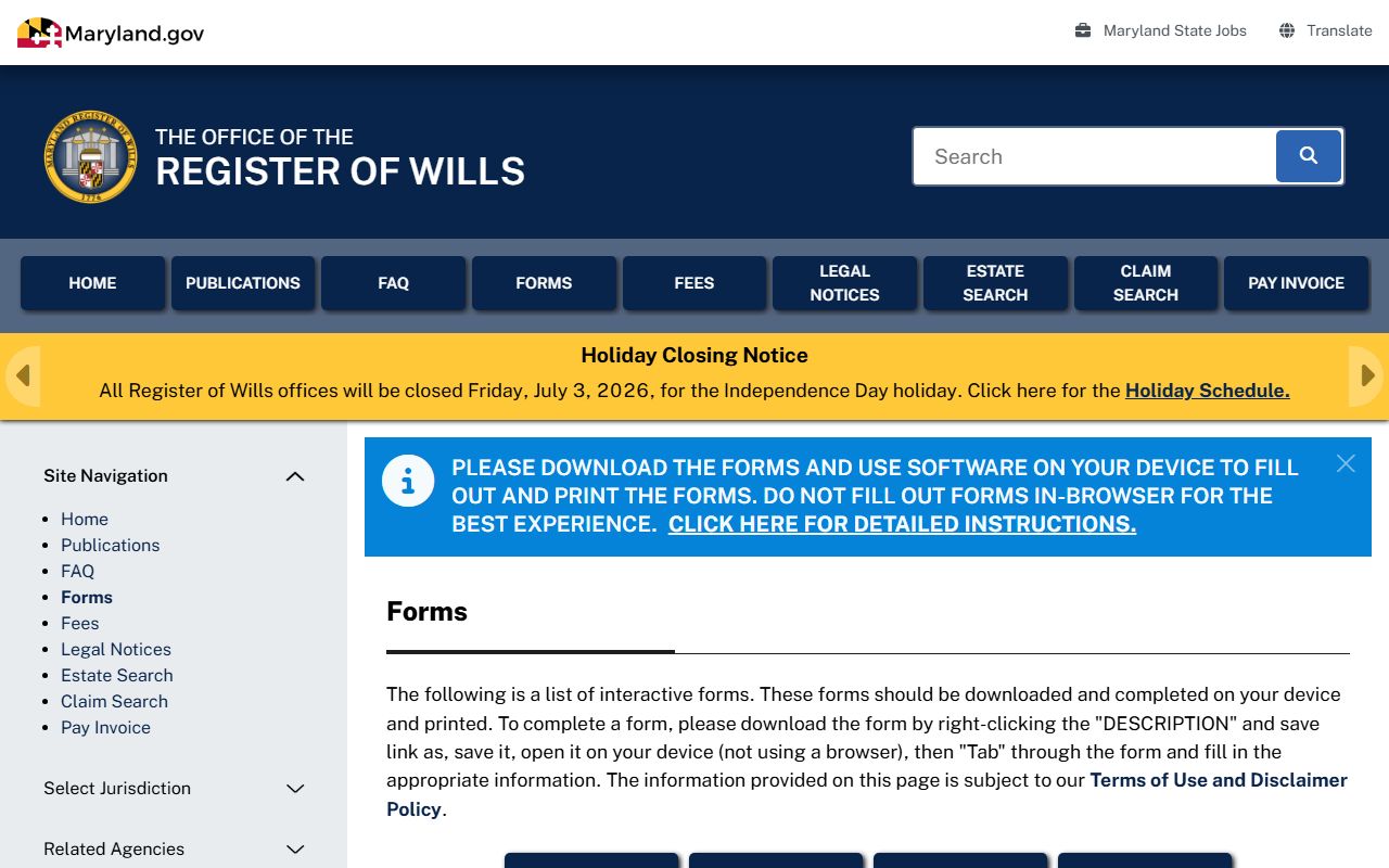 Baltimore City probate records Register of Wills forms