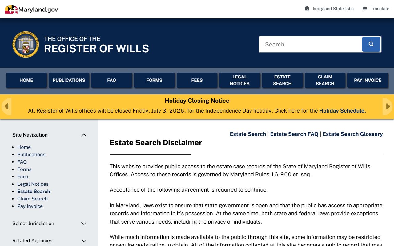 Baltimore City probate records Register of Wills search gateway