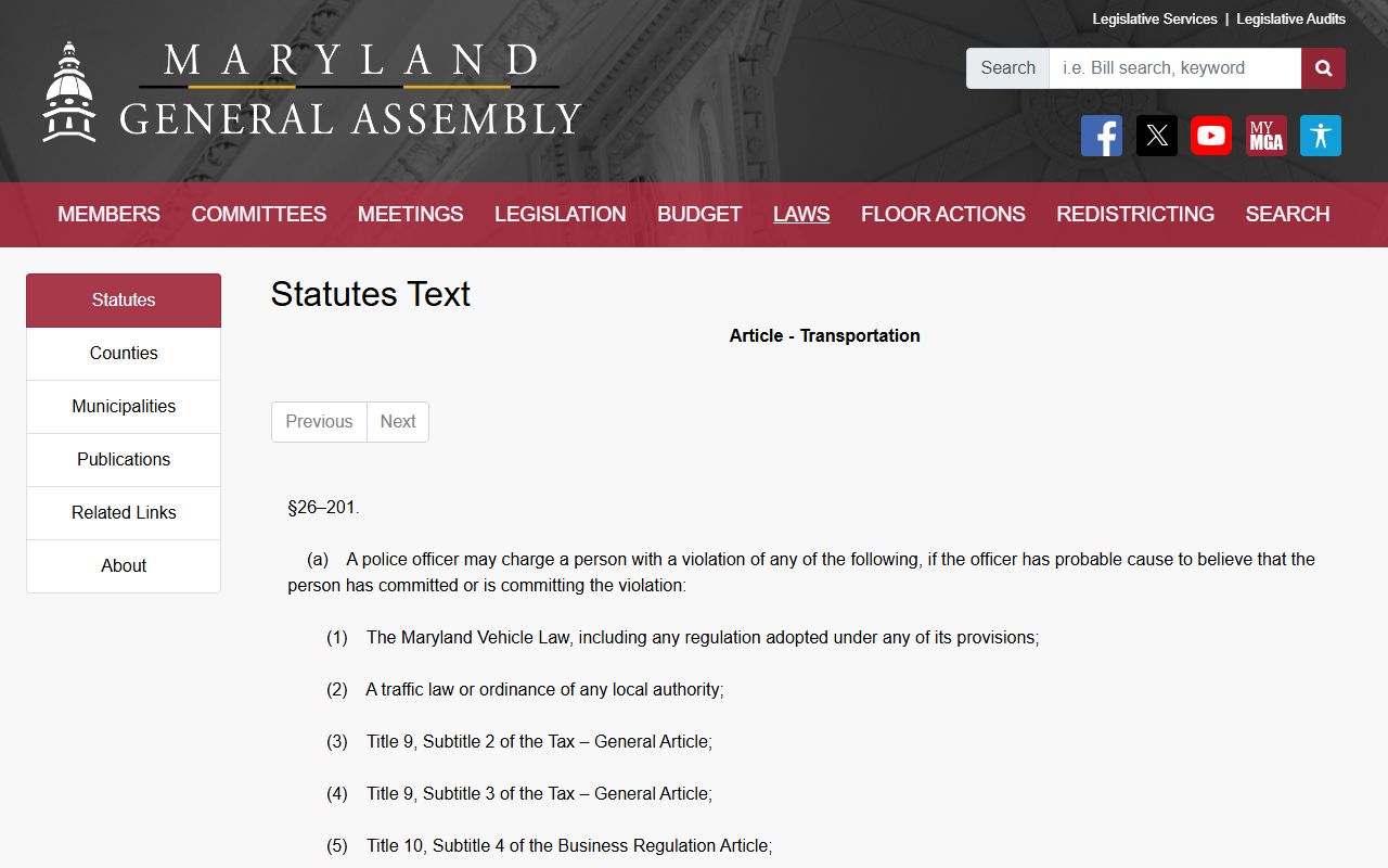 Maryland Transportation statute for traffic citation procedure