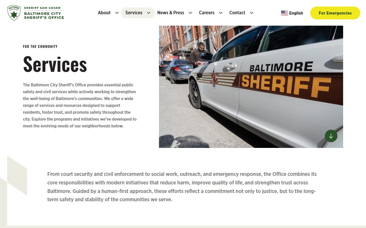 Baltimore City Sheriff's Office services page for court security and enforcement services